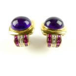 Pair of 18ct yellow half hoop earrings, set three bands of diamonds rubies above cabochon amethyst