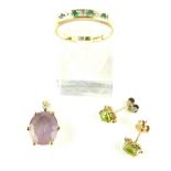 Pair of 9ct yellow gold peridot ear studs plus a 9ct yellow gold amethyst pendant, claw set and a