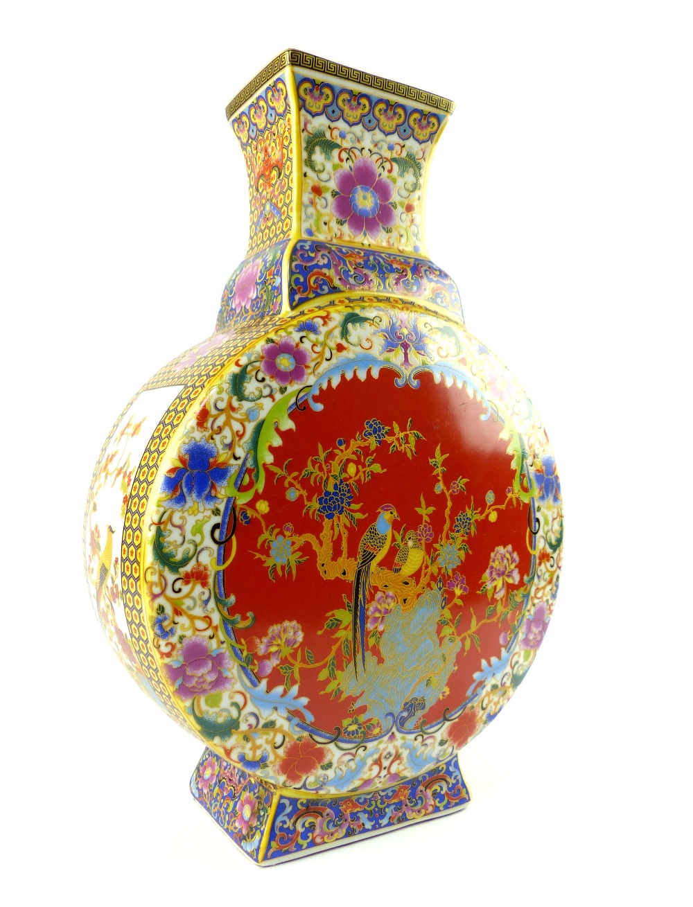 Chinese moon flask, decorated with birds and foliage on a red ground, 30cm h - Image 2 of 4