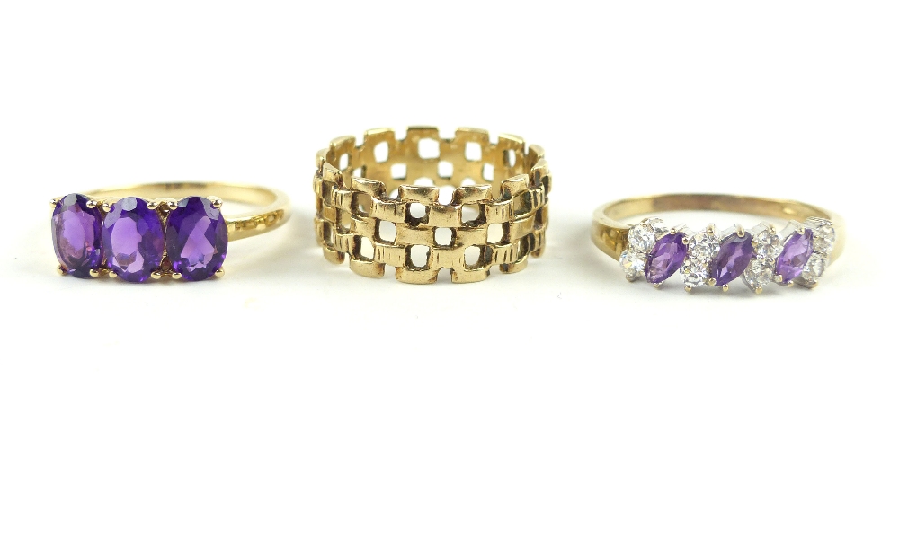 Two 9ct yellow gold purple and white stone dress rings and a 9ct woven band. (3) - Image 2 of 3