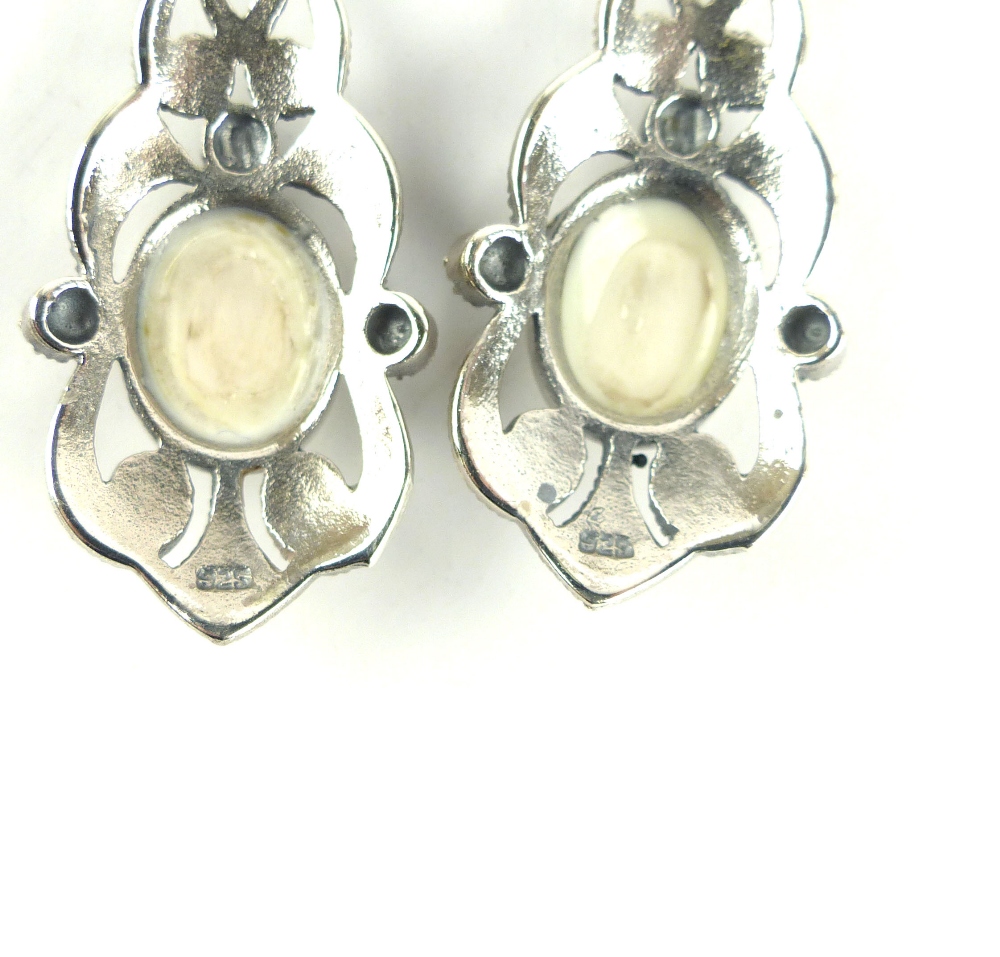 Pair of opalite ear pendants set with marcasite in white metal stamped 925 - Image 2 of 2