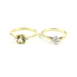 9ct yellow gold white stone solitaire ring and a 9ct 3 stone ring