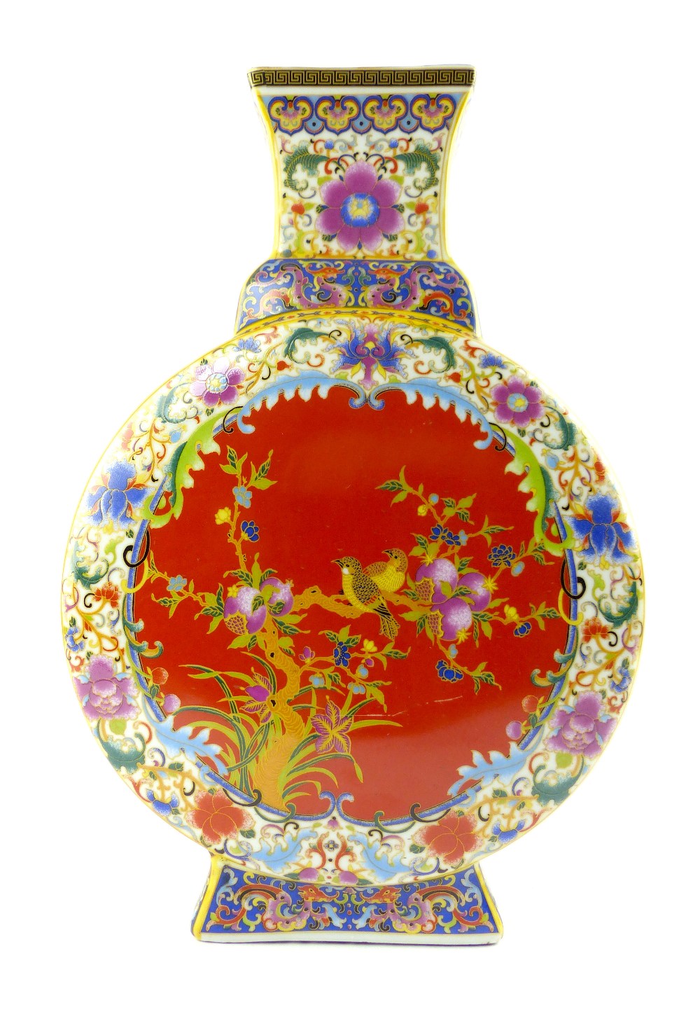 Chinese moon flask, decorated with birds and foliage on a red ground, 30cm h