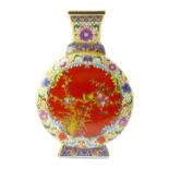 Chinese moon flask, decorated with birds and foliage on a red ground, 30cm h