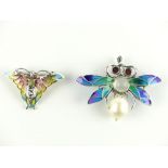 Plique a jour brooch, modelled in the form of an insect, together with another, (2)