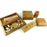 Marquetry games box, opening to reveal a backgammon board, 30cm w, together with three other boxes