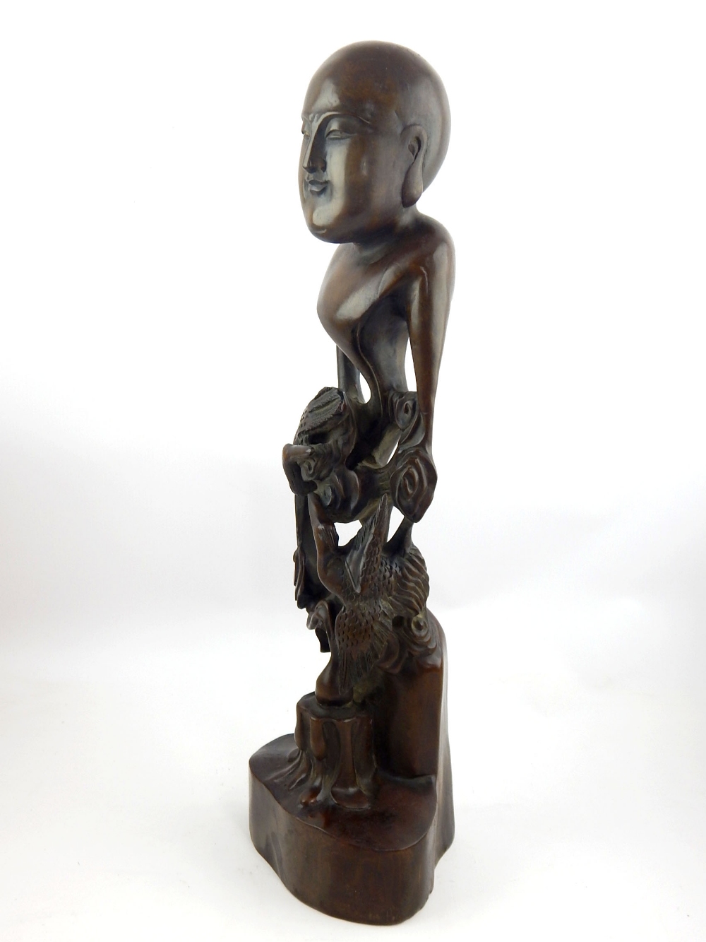 Contemporary Chinese hardwood carving, modelled in the form of a stylised figure and two cranes, - Image 2 of 3
