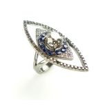 Art Deco style navette shaped ring, central brilliant cut diamond of 2.34ct, surrounded by smaller