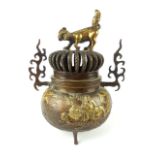 Chinese bronzed metal incense burner with temple dog finial, 22cm h.