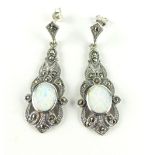 Pair of opalite ear pendants set with marcasite in white metal stamped 925