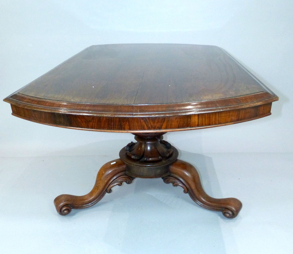 Rosewood study table, 19th C D-end, turned and floral column, - Image 3 of 8