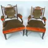 Pair of late 19th C rosewood elbow chairs, boxwood inlay,