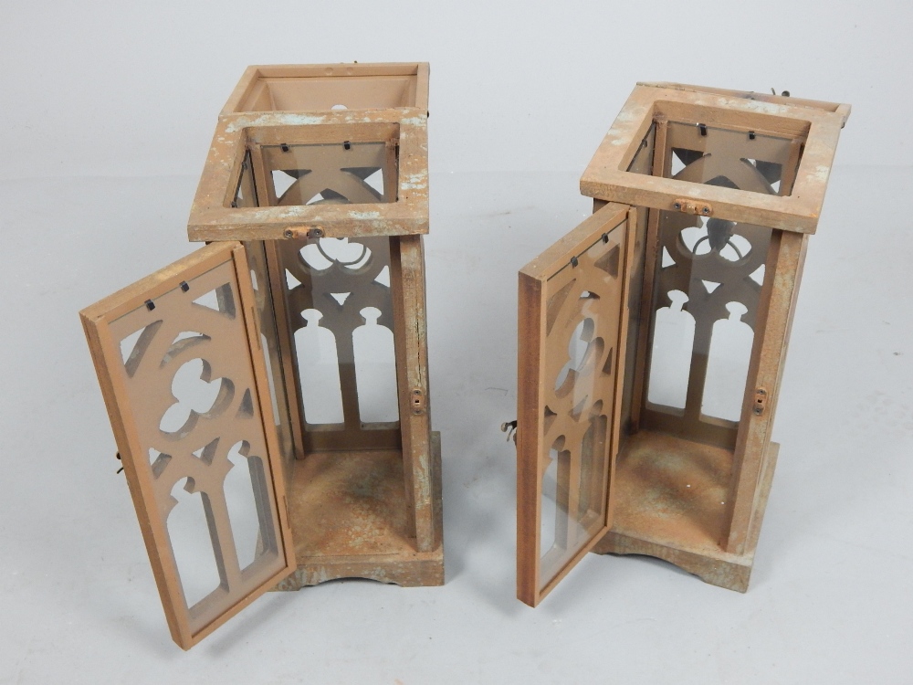 Pair of aged metal Gothic style candle lanterns with ring handles. - Image 3 of 4