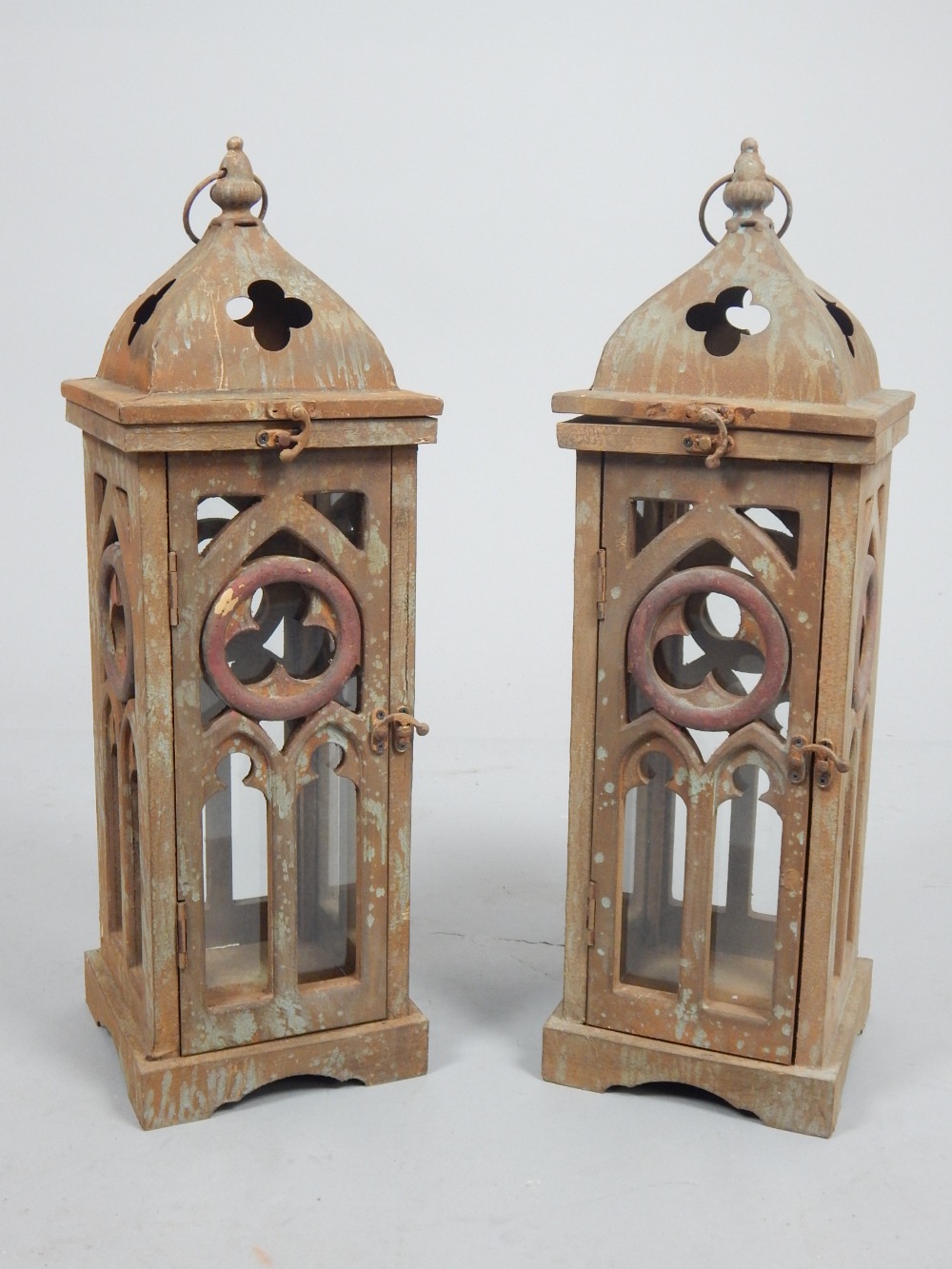 Pair of aged metal Gothic style candle lanterns with ring handles. - Image 2 of 4