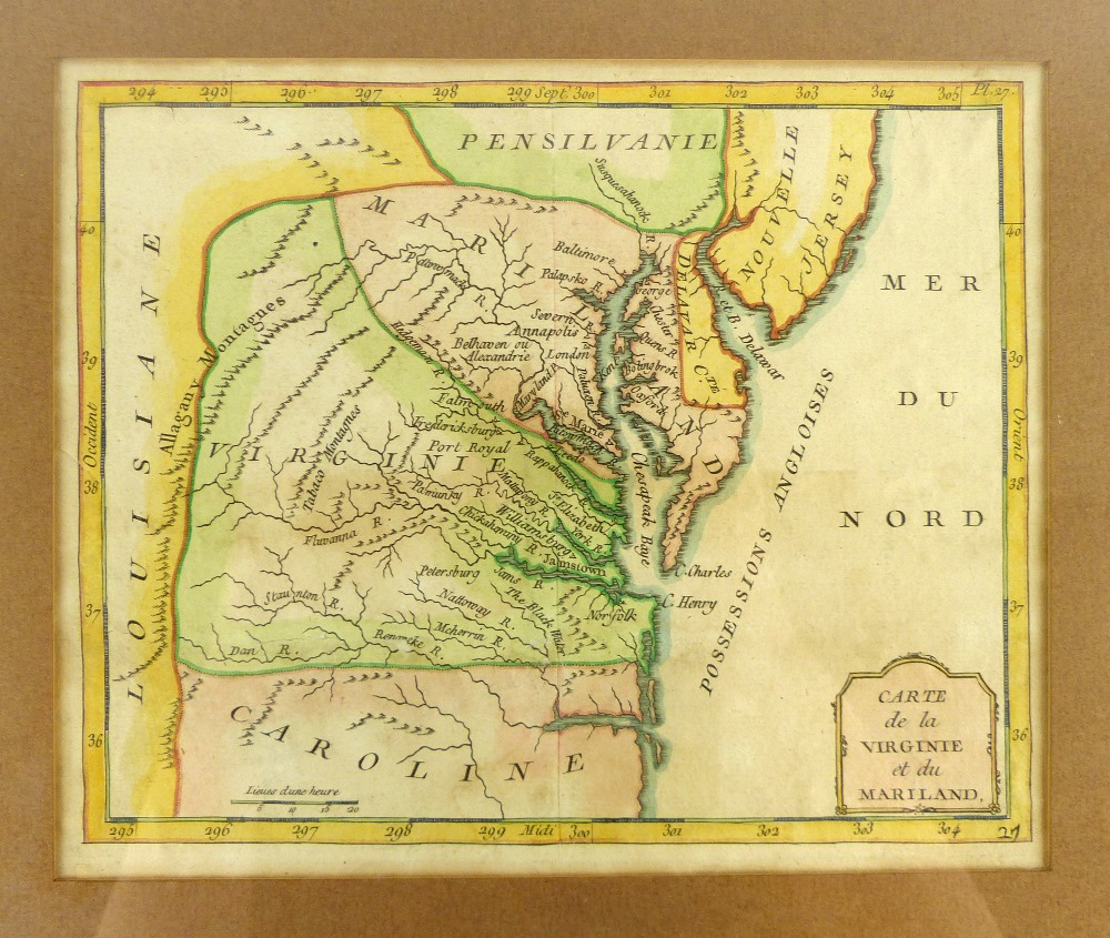 A rare late 18th C French engraved and hand coloured map of a part of the east coast of America,