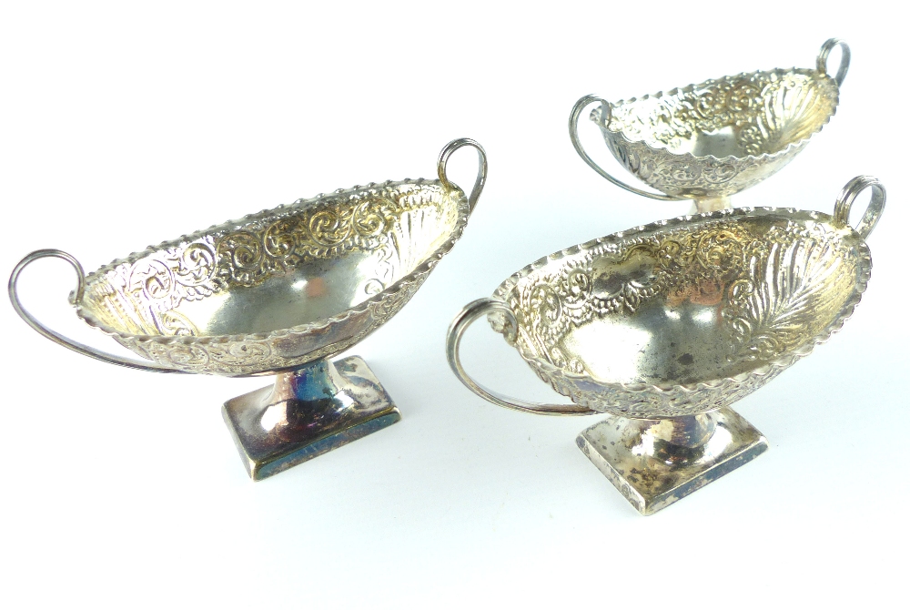 Three silver boat shaped salts, Sheffield 1895,