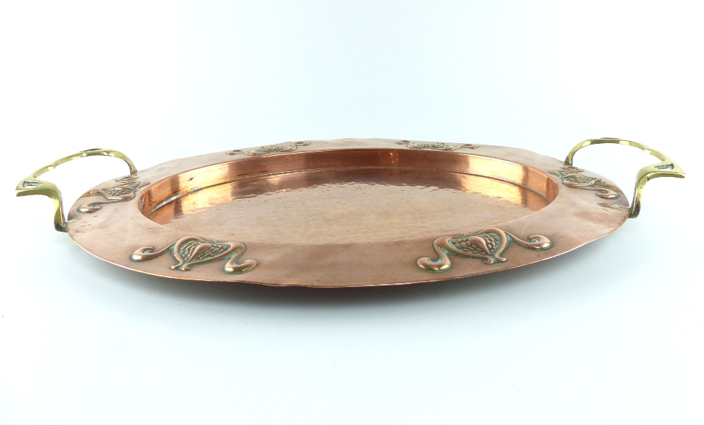 Newlyn style oval copper and brass tray with embossed rim, - Image 5 of 10