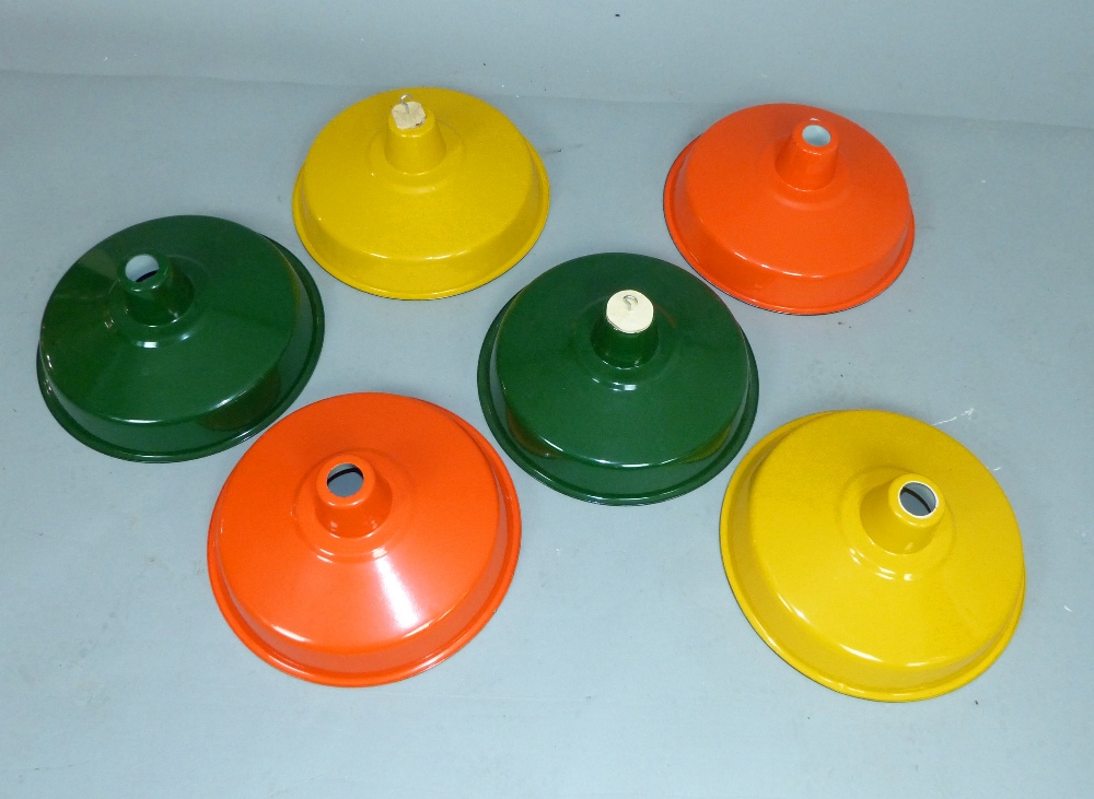 Set of six enamel powder coated ceiling lights, two green, two orange and two yellow, each approx.