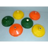 Set of six enamel powder coated ceiling lights, two green, two orange and two yellow, each approx.