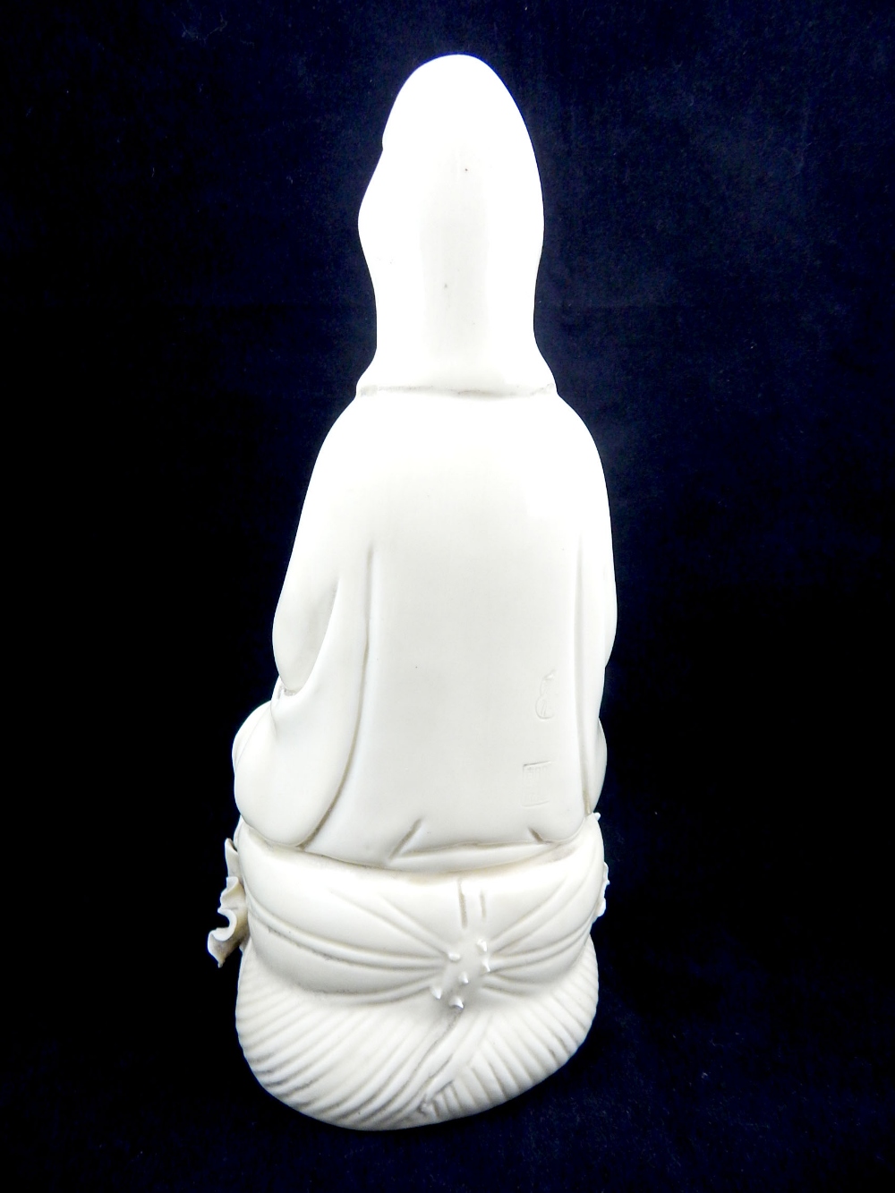 Chinese blanc de chine figure, study of Guan Yin holding a vase seated on giant lily pad, - Image 3 of 6