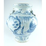 Chinese blue and white baluster shaped vase, decorated with a musician and noblemen in a garden,