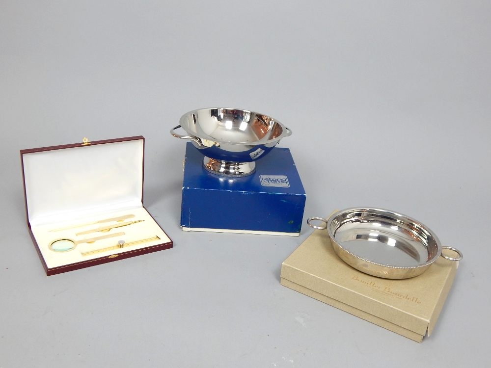 Gold plated desk set by Ornet, comprising rule, magnifier, letter opener and a pen, - Image 2 of 2