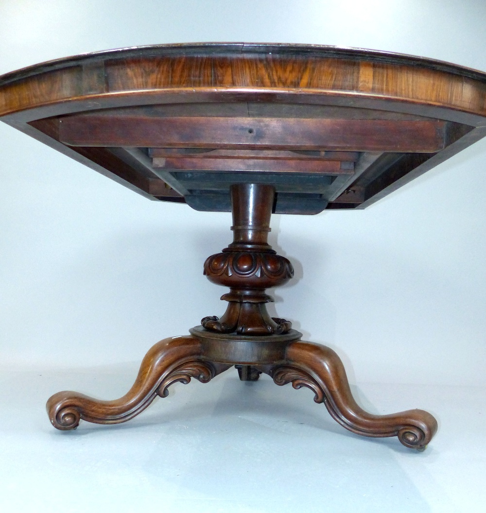 Rosewood study table, 19th C D-end, turned and floral column, - Image 5 of 8