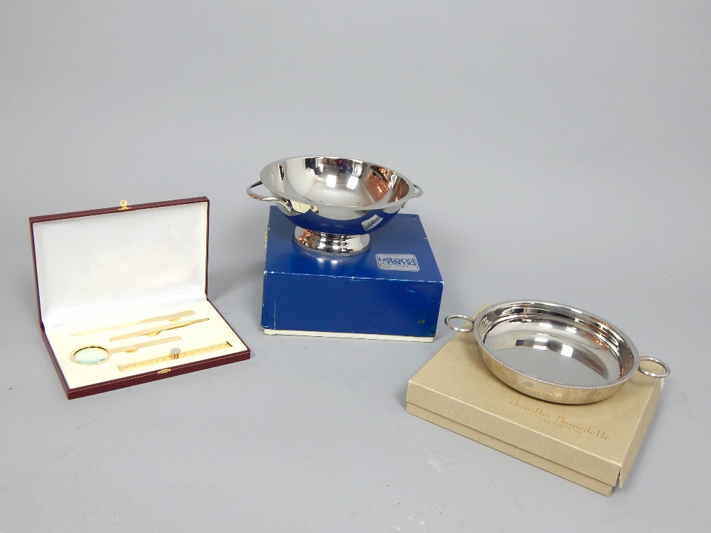 Gold plated desk set by Ornet, comprising rule, magnifier, letter opener and a pen,