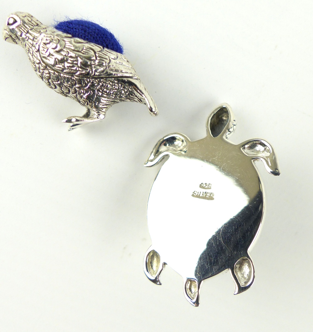 White metal pin cushion in the form of a turtle, together with another of a game bird. - Image 6 of 6