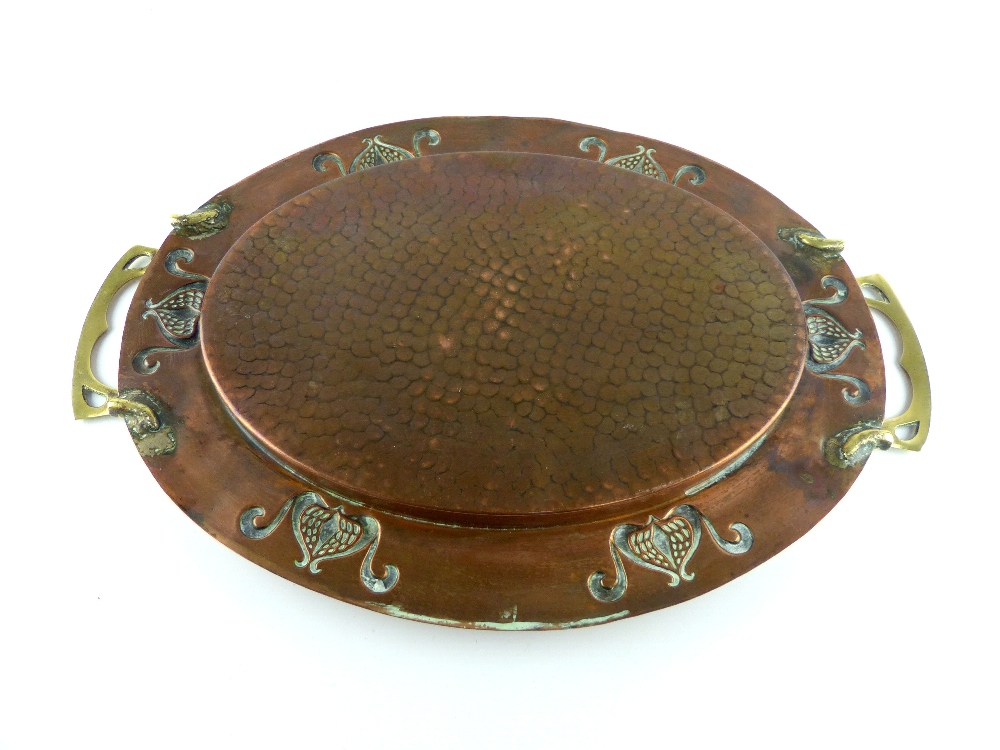 Newlyn style oval copper and brass tray with embossed rim, - Image 10 of 10