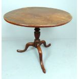 19th C mahogany tilt top table, turned column, tri-pad legs, 81cm dia.