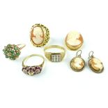 Three 9ct yellow gold dress rings, a yellow metal cameo ring with pierced shoulder,