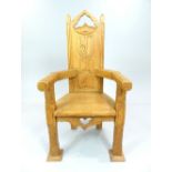 'Bishop's' chair, 19th C pitch pine throne elbow chair, pierced 'oak tree' back with tree finials,