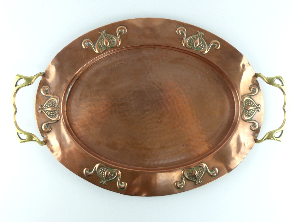 Newlyn style oval copper and brass tray with embossed rim, - Image 4 of 10