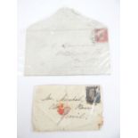 Penny Black, 1D stamp, EE, and Penny Red AF stamp, both on envelopes to Yeovil and Bath.
