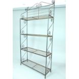 Scroll iron work baker's rack, four open shelves, 202 x 100cm.