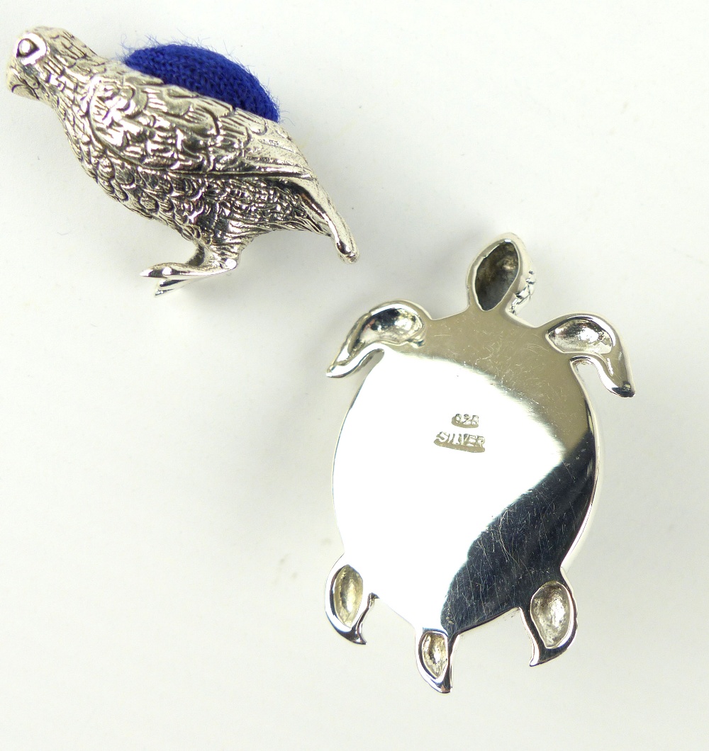 White metal pin cushion in the form of a turtle, together with another of a game bird. - Image 5 of 6