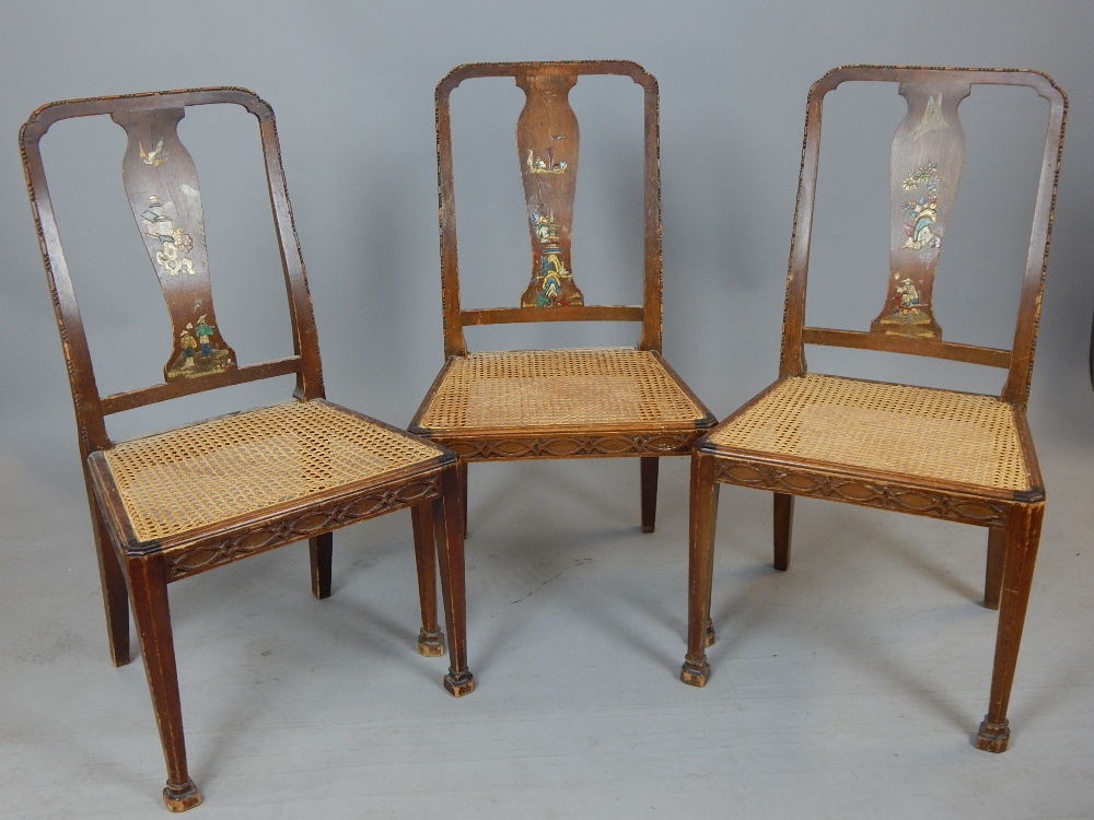 Three 19th C pine and lacquered chairs, with chinoiserie decorated vase splats over cane seats,