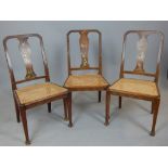 Three 19th C pine and lacquered chairs, with chinoiserie decorated vase splats over cane seats,