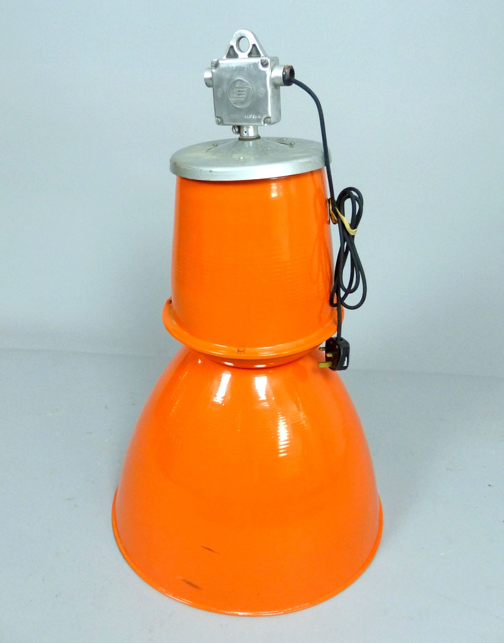 Large industrial lamp, plaque for EFC, orange powder coat finish, approx. 95 x 63cm dia.