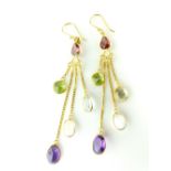 Pair of 14ct yellow gold drop earrings set with faceted moonstones, garnets, amethysts and peridot.