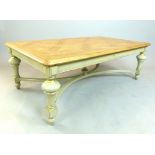Oak coffee table, parquestry top, antique french grey frame with turned & gilded legs & stretcher,