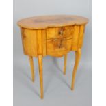 Art Deco style, kidney shape, side table, burr walnut, two drawers, tapering cabriole legs, 65.