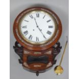 Mid 19th century walnut and mother-of-pearl inlaid drop dial wall clock,