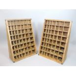 Pair of wooden triangular collectors racks / shelves, for wall hanging or table top, 80 x 57 cm.