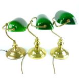 3 x Contemporary 'bankers' lamps, green shades, brass stands.