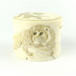 Japanese ivory pot, carved tiger and bamboo decoration, c 1920 4.6 x 6 cm.