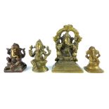 Bronze figure of Ganesha, seated under an arch, together with three further bronze figures.