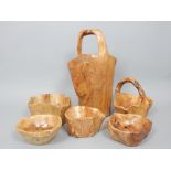 Six rootwood items comprising a pail, basket and 4 bowls.