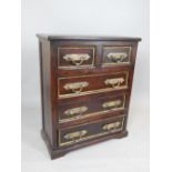 Indian mahogany finish chest of drawers, two over three drawers with iron handles, 110 x 90cm.